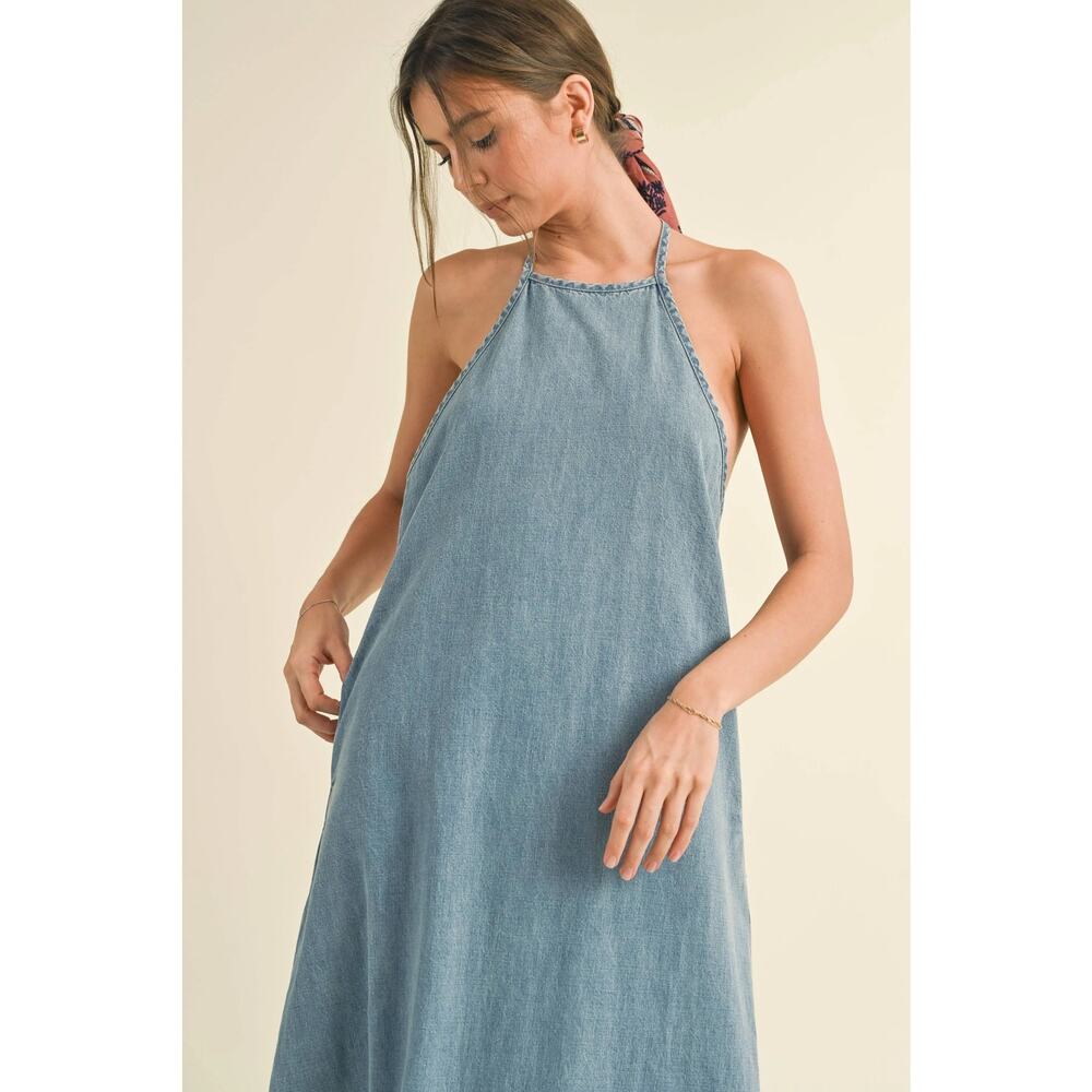 Kleen Teal Denim-Look Halter Neck‎ A-Line Mini Dress with Floral Trim - Size S